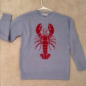 Mighty Fine Light Blue Crewneck Sweater with Red Lobster Intarsia